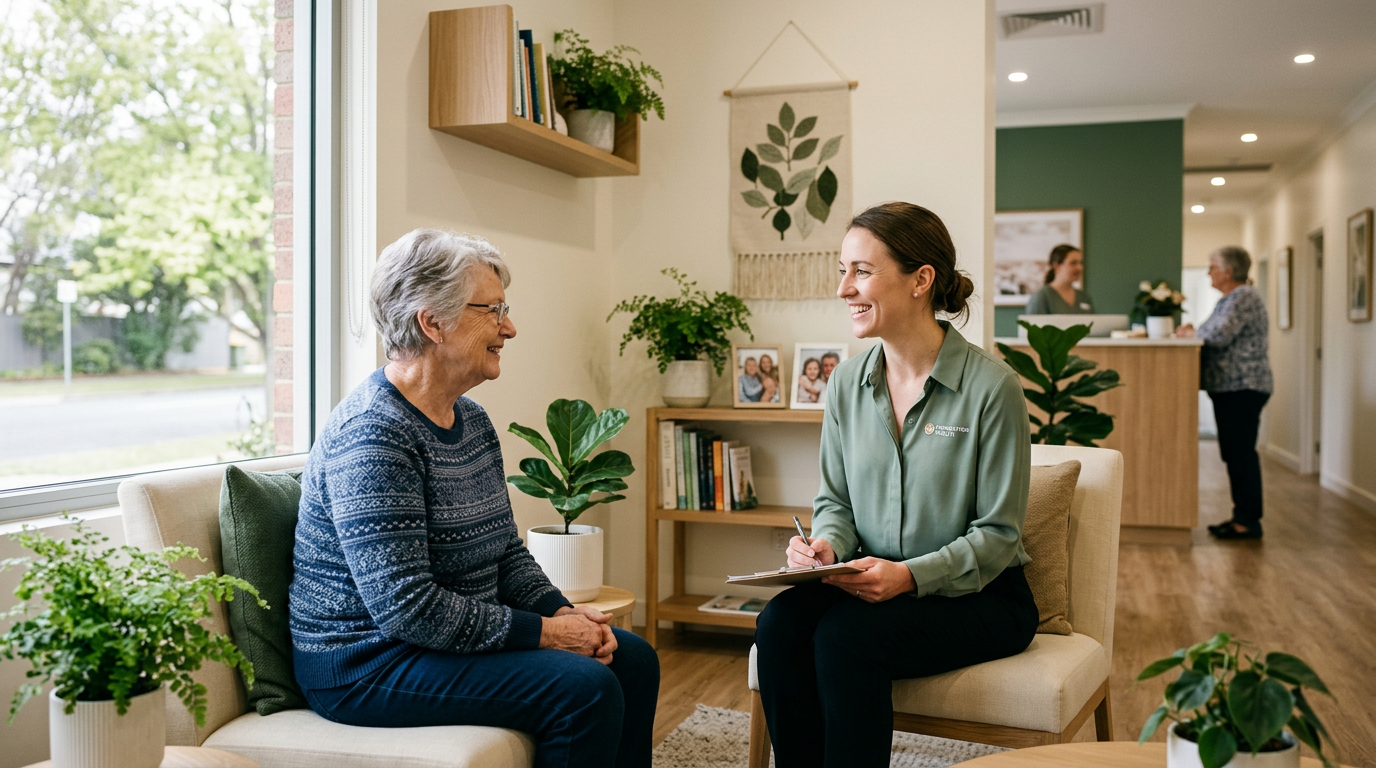 Healthcare professional speaking with a patient in a welcoming clinic